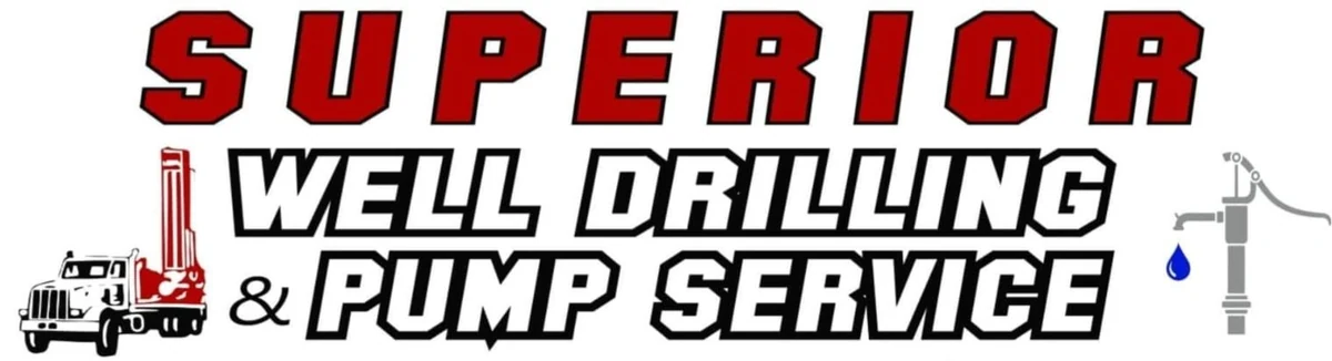 Superior Well Drilling & Pump Service logo with a drill rig truck and a hand pump