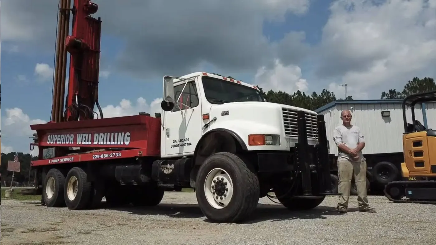 The Superior Well Drilling rig truck, a white International with a red bed lettered Superior Well Drilling, parked with a crew member standing beside it